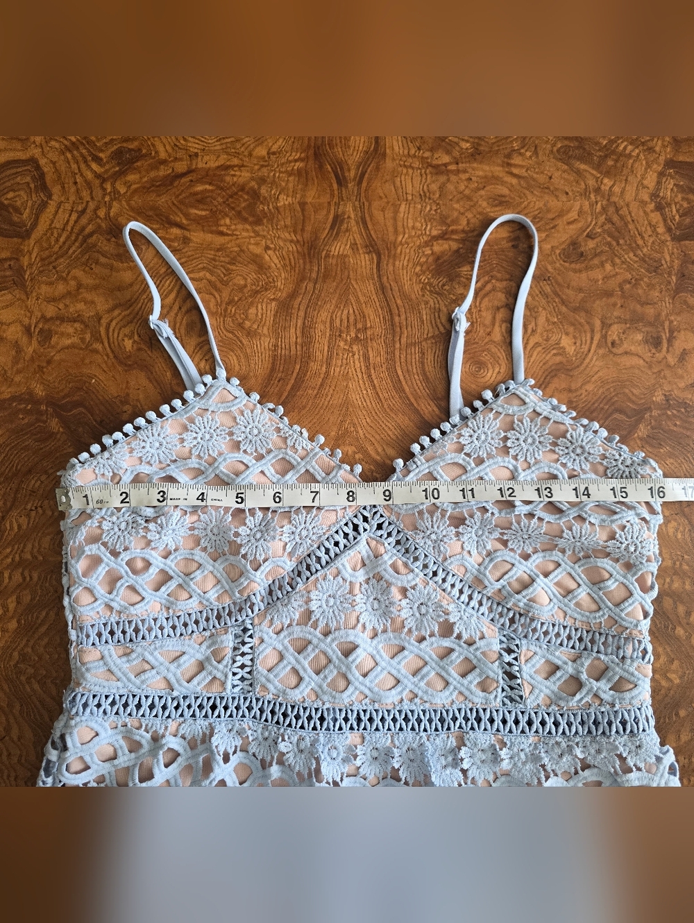 Just Me Light Blue Floral Crochet Lace Mini Dress Womens size Large - Picture 7 of 9